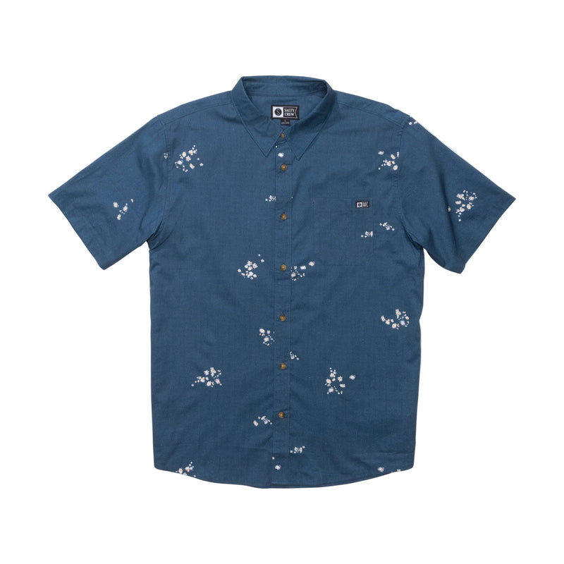 Load image into Gallery viewer, Blue short-sleeve shirt with floral pattern on a white background
