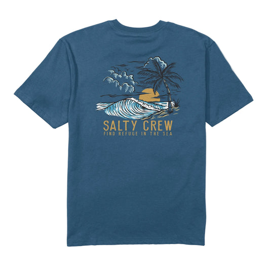 Blue t-shirt with a graphic design and 'Salty Crew' text on a white background