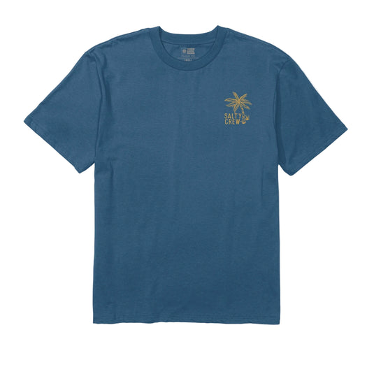 Blue t-shirt with a palm tree graphic on a white background
