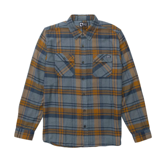 Plaid shirt with blue and brown pattern on a white background
