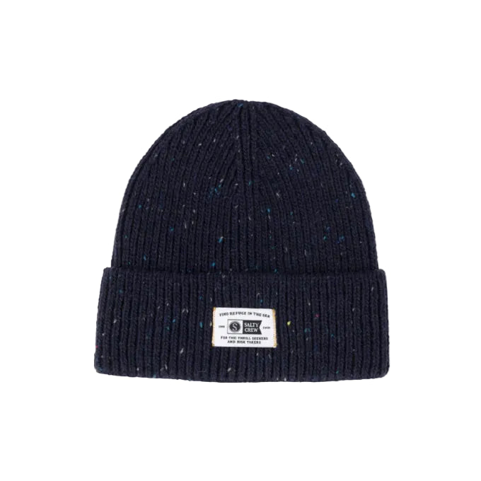 Load image into Gallery viewer, Navy blue knit beanie with a brand label on a white background
