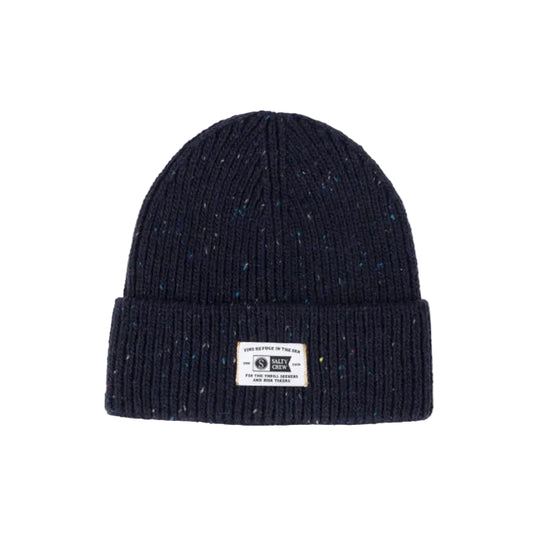 Navy blue knit beanie with a brand label on a white background