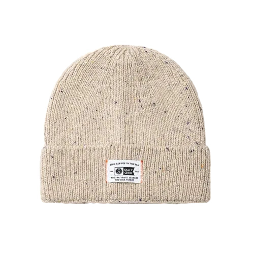 Beige knit beanie with Salty Crew label on a white background