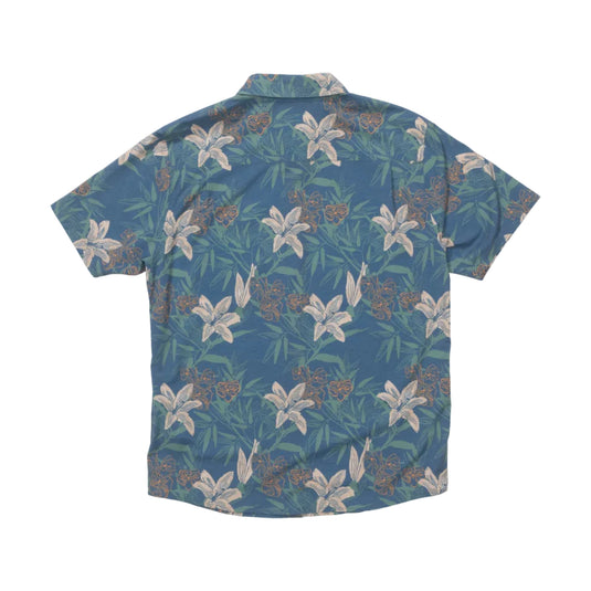 Blue floral patterned shirt on a white background