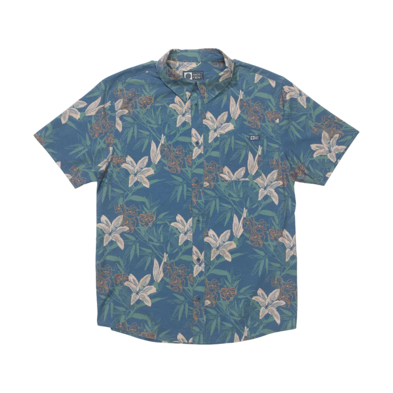 Load image into Gallery viewer, Blue floral patterned shirt on a white background
