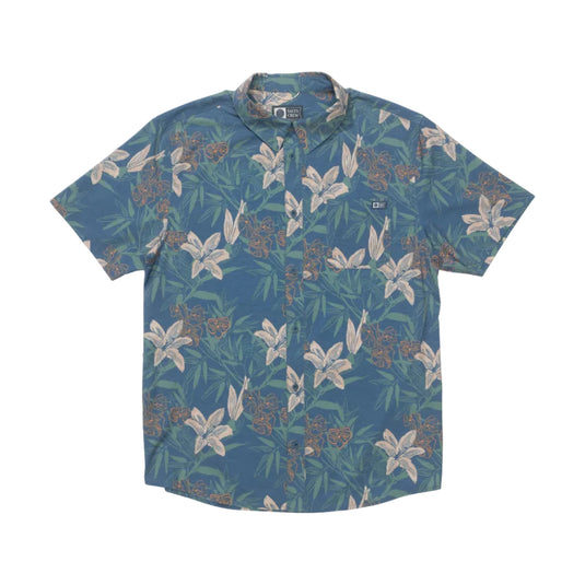 Blue floral patterned shirt on a white background