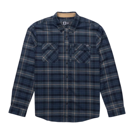 A Navy and Khaki plaid Salty Crew flannel on a white background