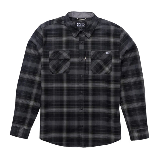 Black and gray plaid Salty Crew flannel on a white background