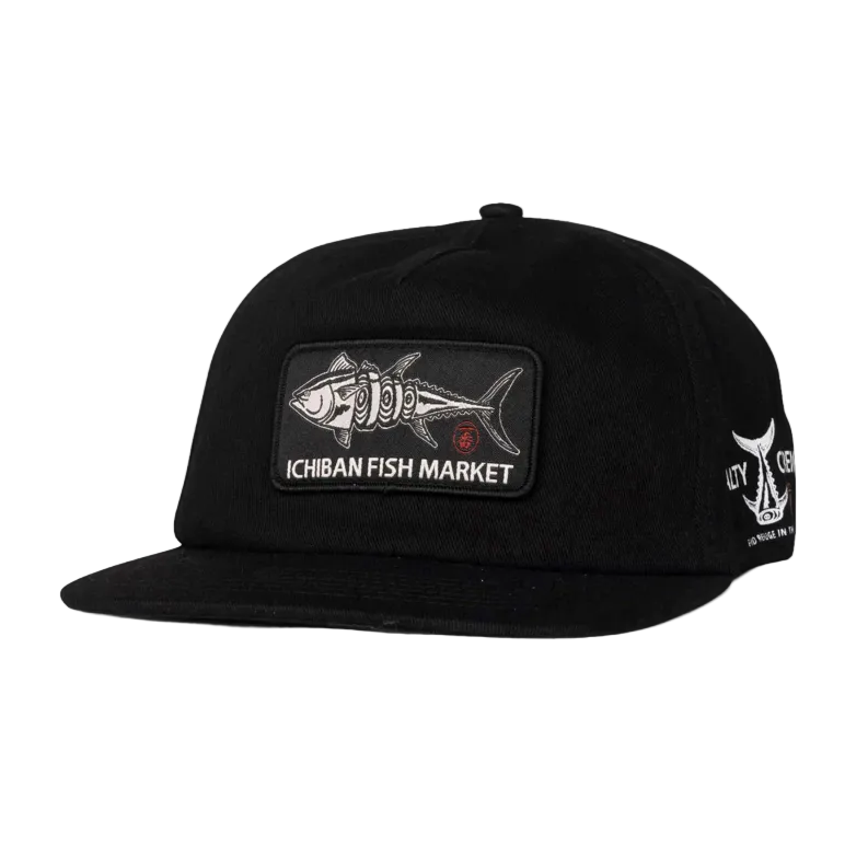 Load image into Gallery viewer, Black cap with Ichiban Fish Market logo on a white background
