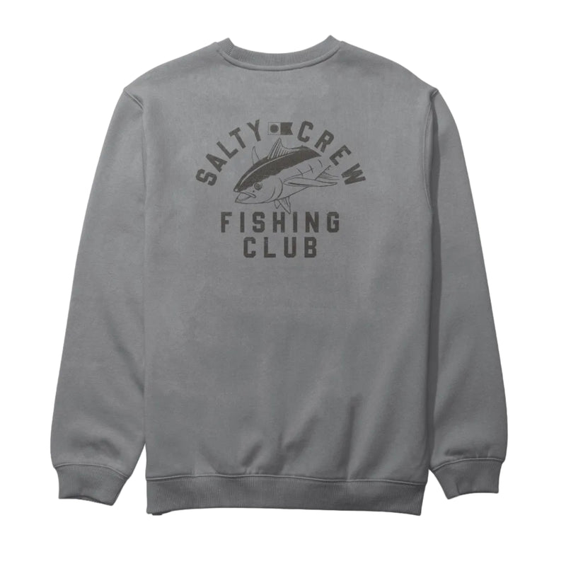 Load image into Gallery viewer, Gray crewneck sweater with 'Salty Crew Fishing Club' and a fish graphic printed on the back on a white background.
