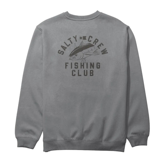 Gray crewneck sweater with 'Salty Crew Fishing Club' and a fish graphic printed on the back on a white background.