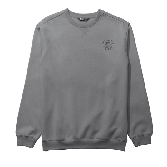 Gray sweatshirt with a small fishing logo on a white background