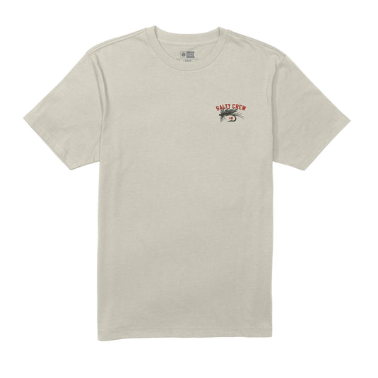 Beige t-shirt with a small graphic on the chest against a white background