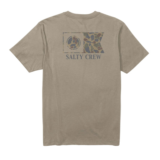 Beige t-shirt with Salty Crew logo on the back against a white background