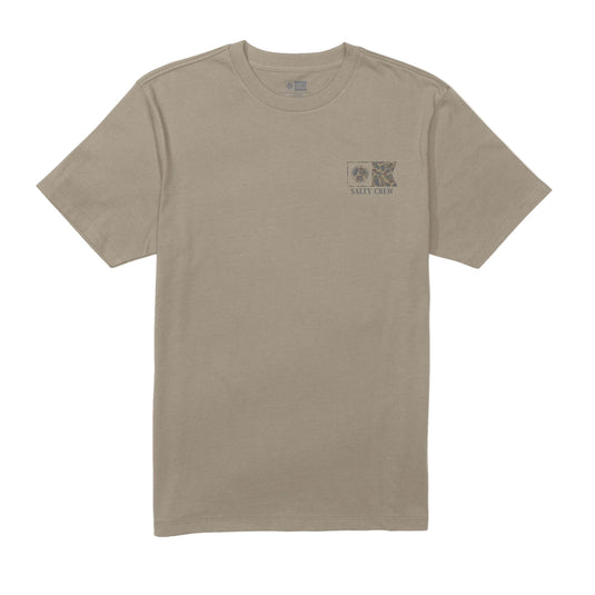 Beige t-shirt with a small graphic on a white background