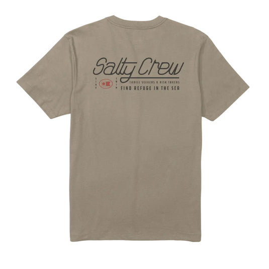Beige t-shirt with 'Salty Crew' logo on the back against a white background