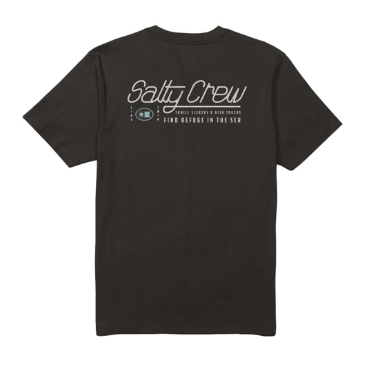Black t-shirt with 'Salt Crew' logo on a white background
