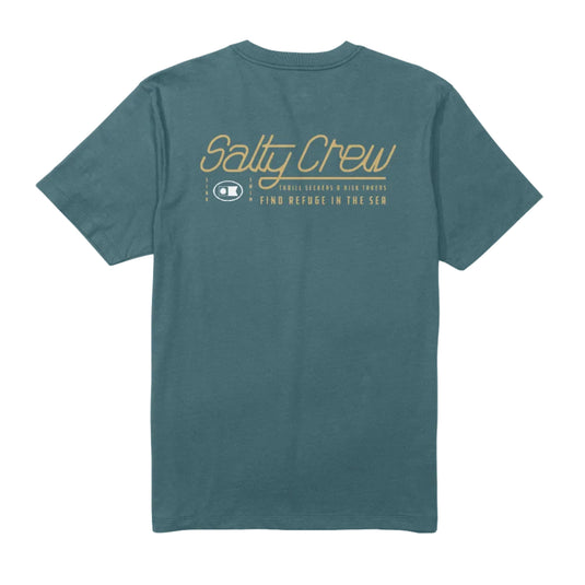 Green t-shirt with Salty Crew fish graphic on a white background