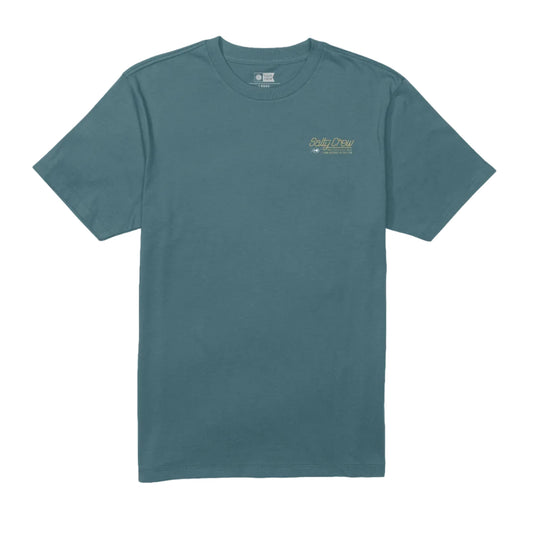 Teal t-shirt with a small logo on a white background