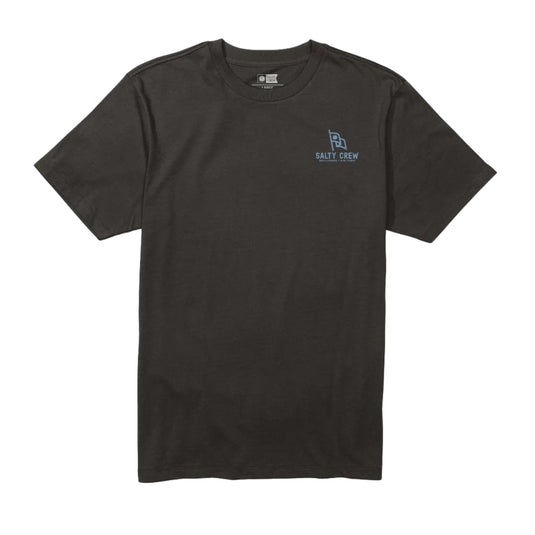 Black t-shirt with a logo on a white background