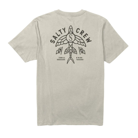 Bone colored t-shirt with Salty Crew logo on the back against a white background