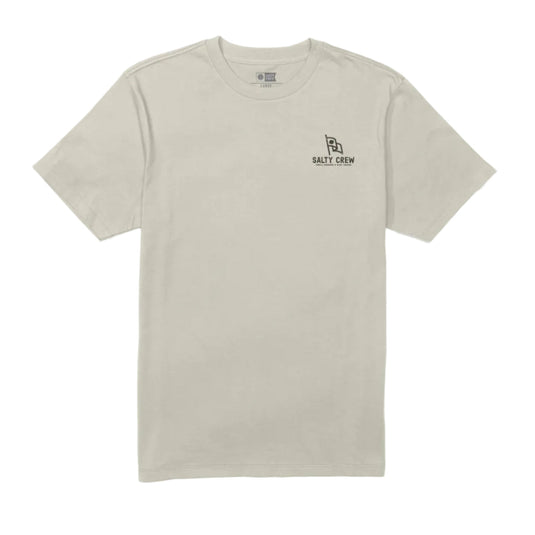 Bone colored t-shirt with a Salty Crew logo on the front left chest against a white background