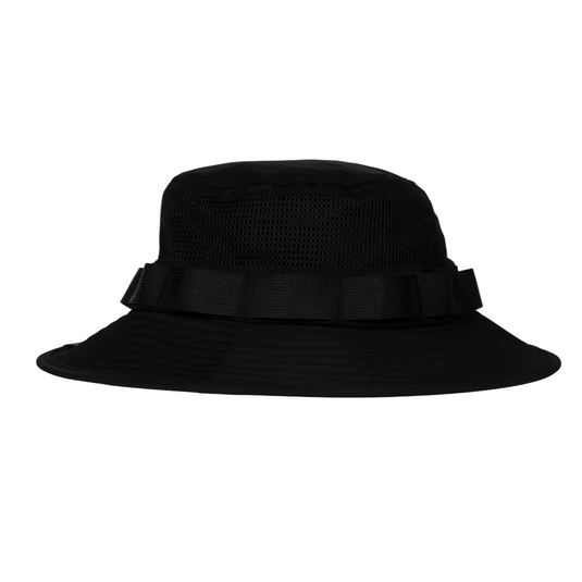 Back of Black Salty Crew bucket hat featuring a mesh panel on a white background