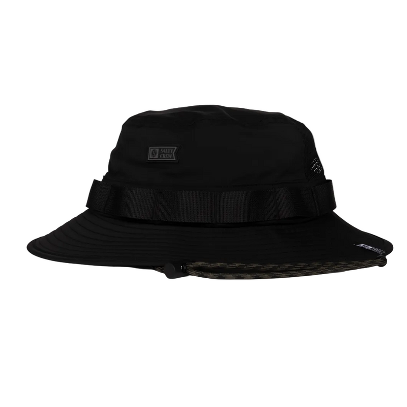 Load image into Gallery viewer, Black Salty Crew bucket hat with charcoal gray logo patch on a white background
