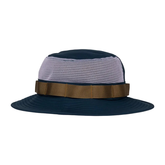 Navy blue hat with mesh back and brown band on a light gray background