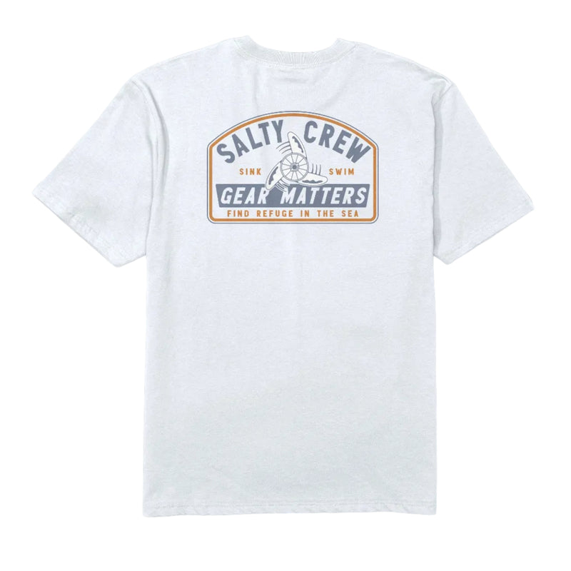 Load image into Gallery viewer, A white short-sleeve crewneck t-shirt with a vintage-style nautical graphic on the chest. The graphic features a shield design with the text 'SALTY CREW', 'SINK SWIM', 'GEAR MATTERS', and 'FIND REFUGE IN THE SEA' in navy blue and orange-brown outlines.
