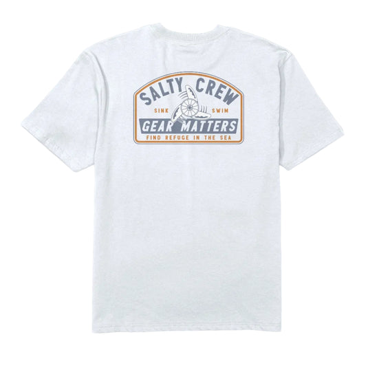 A white short-sleeve crewneck t-shirt with a vintage-style nautical graphic on the chest. The graphic features a shield design with the text 'SALTY CREW', 'SINK SWIM', 'GEAR MATTERS', and 'FIND REFUGE IN THE SEA' in navy blue and orange-brown outlines.