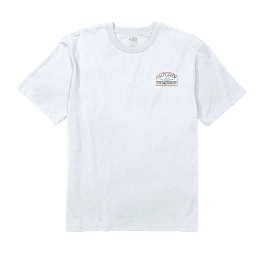 A white short-sleeve crewneck t-shirt with a small 'SALTY CREW' graphic printed on the left chest, displayed flat against a light gray background.