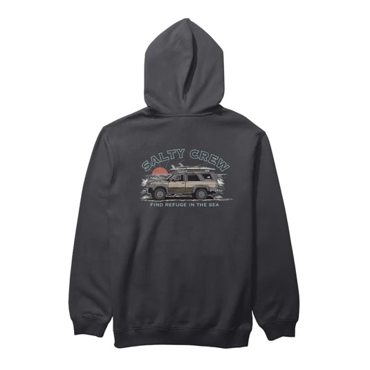 Black hoodie with Salty Crew graphic on the back against a white background
