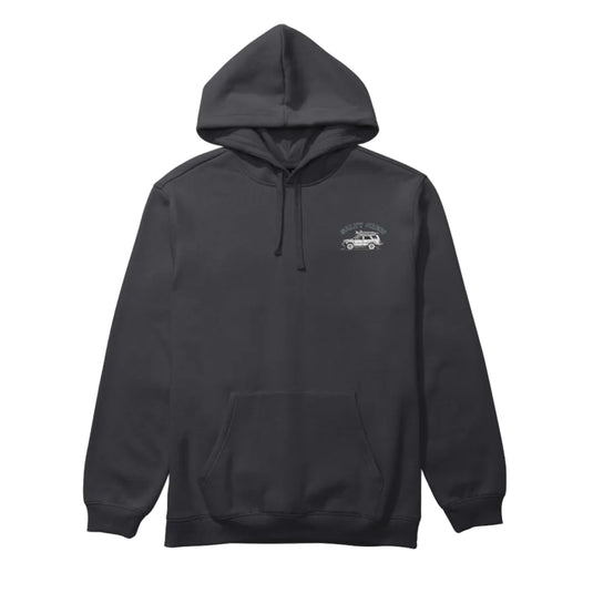 Black hoodie with a small graphic on the chest against a white background