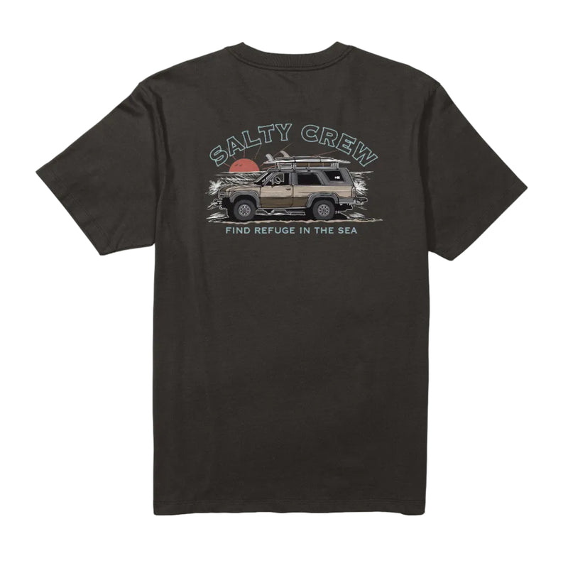 Load image into Gallery viewer, Black t-shirt with graphic design and 'Salty Crew' text on a white background
