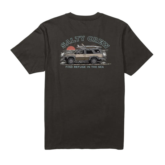 Black t-shirt with graphic design and 'Salty Crew' text on a white background