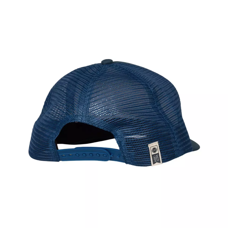 Load image into Gallery viewer, Blue mesh cap with a Salty Crew brand logo patch on the mesh on a white background
