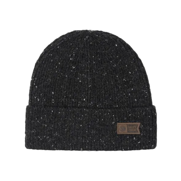 Load image into Gallery viewer, Black knit beanie with a Salty Crew brand label on a white background
