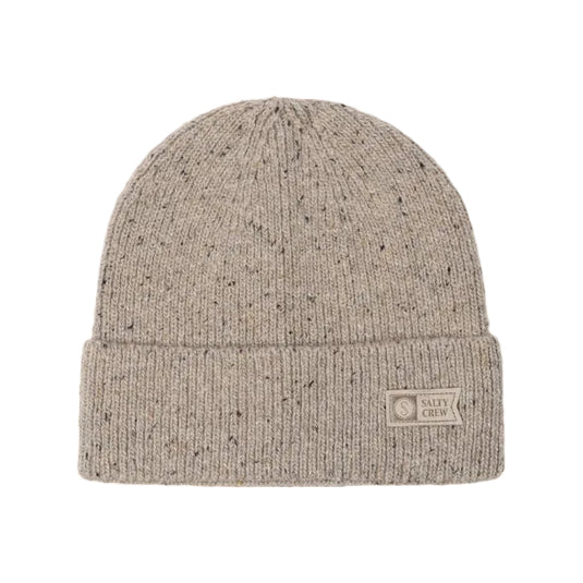Beige knit beanie with Salty Crew logo on a white background