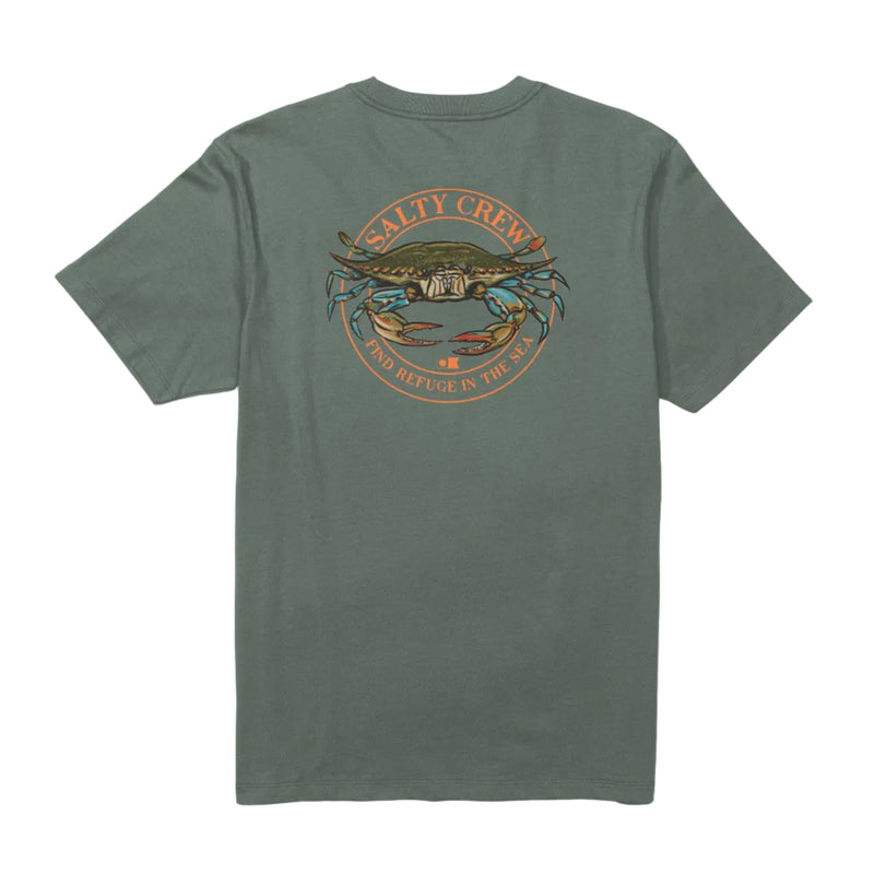 Load image into Gallery viewer, A sage green short-sleeve t-shirt shown from the back, featuring a circular graphic print of a blue crab and the text 'SALTY CREW' and 'FIND REFUGE IN THE SEA' in orange font
