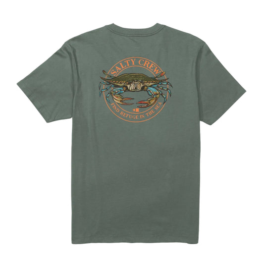 A sage green short-sleeve t-shirt shown from the back, featuring a circular graphic print of a blue crab and the text 'SALTY CREW' and 'FIND REFUGE IN THE SEA' in orange font