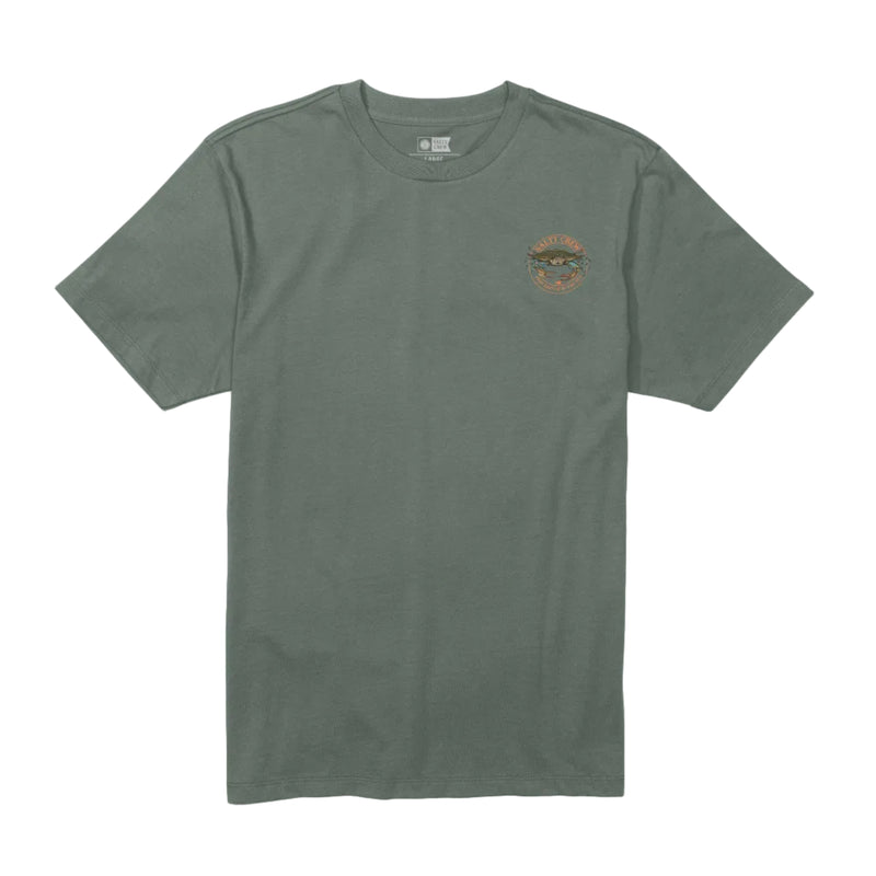 Load image into Gallery viewer, Green t-shirt with a small graphic on a white background
