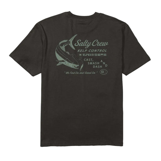Black t-shirt with graphic design and text on a white background