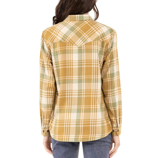 Gold Plaid shirt worn by a person on a white background