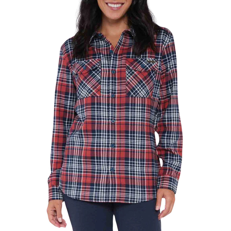 Load image into Gallery viewer, Woman wearing a red and navy blue plaid shirt on a white background
