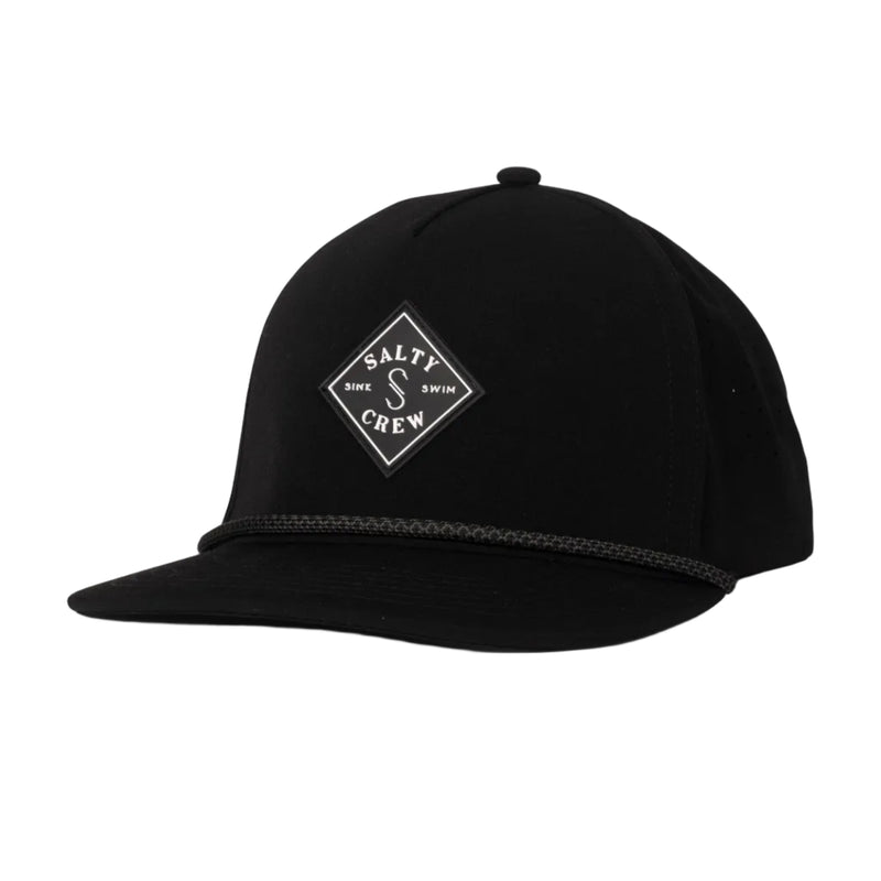 Load image into Gallery viewer, A black flat-brim baseball cap with a white embroidered diamond logo on the front that reads 'SALTY crew', shown on a light gray background.
