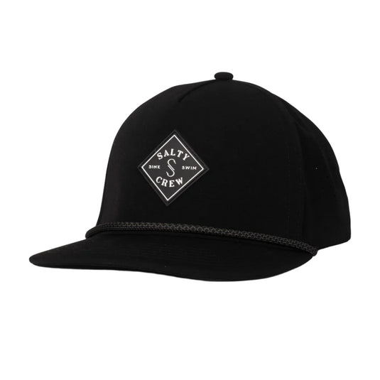 A black flat-brim baseball cap with a white embroidered diamond logo on the front that reads 'SALTY crew', shown on a light gray background.