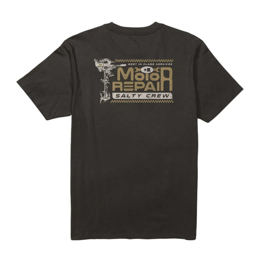 Black t-shirt with a 'Motor Repair Salty Crew' graphic design on a white background