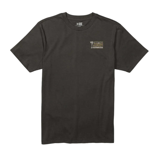 Black t-shirt with a small Salty Crew graphic on a white background