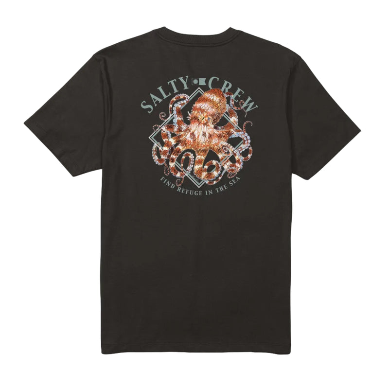 Load image into Gallery viewer, Black t-shirt with Salty Crew logo and octopus design on a white background
